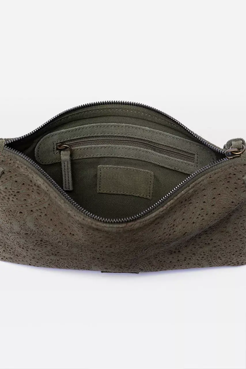 Johnny Was PAISLEY ITALIAN PERFORATED SUEDE CROSSBODY BAG Sage