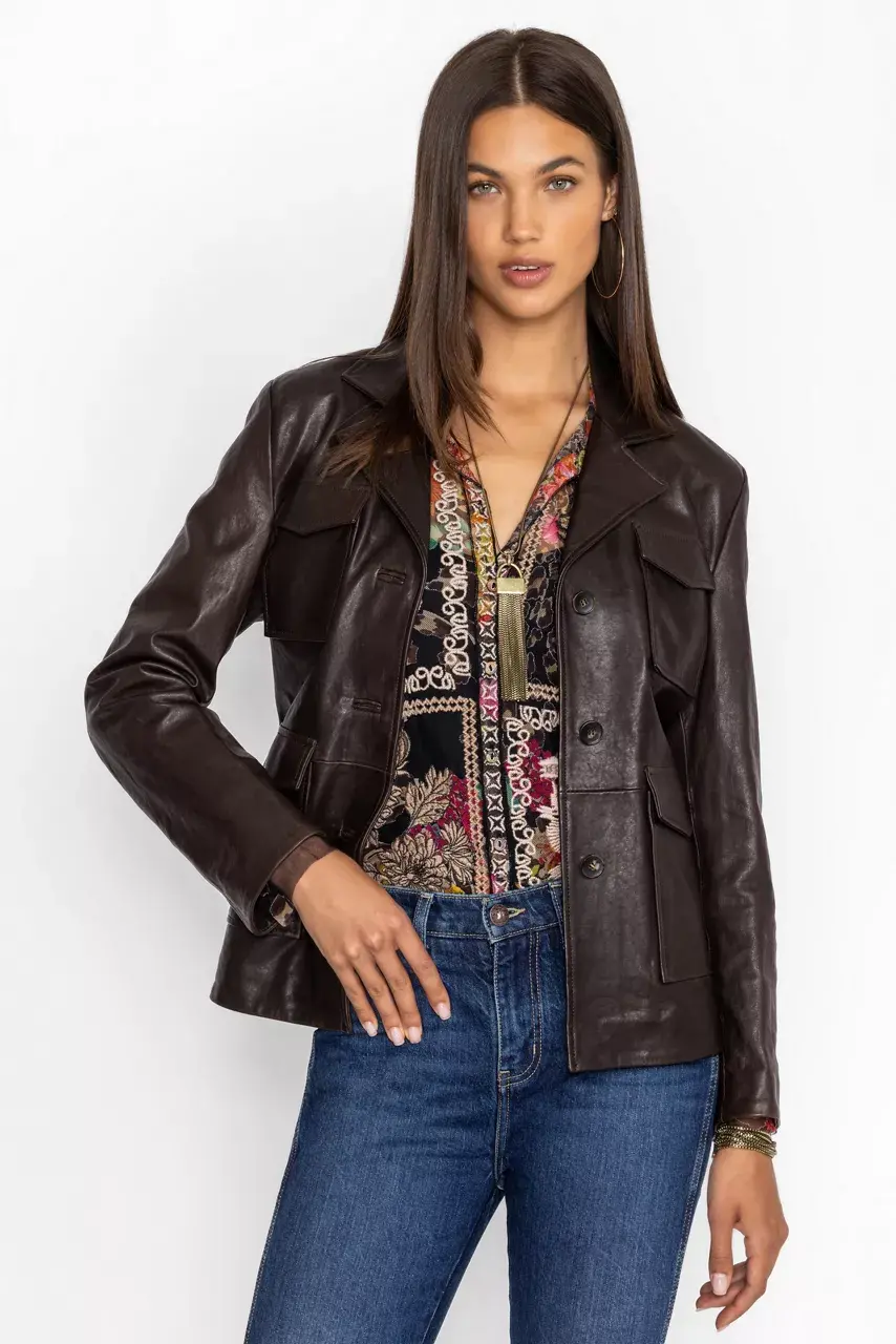 Johnny Was PATCH POCKET ITALIAN LEATHER JACKET Chocolate