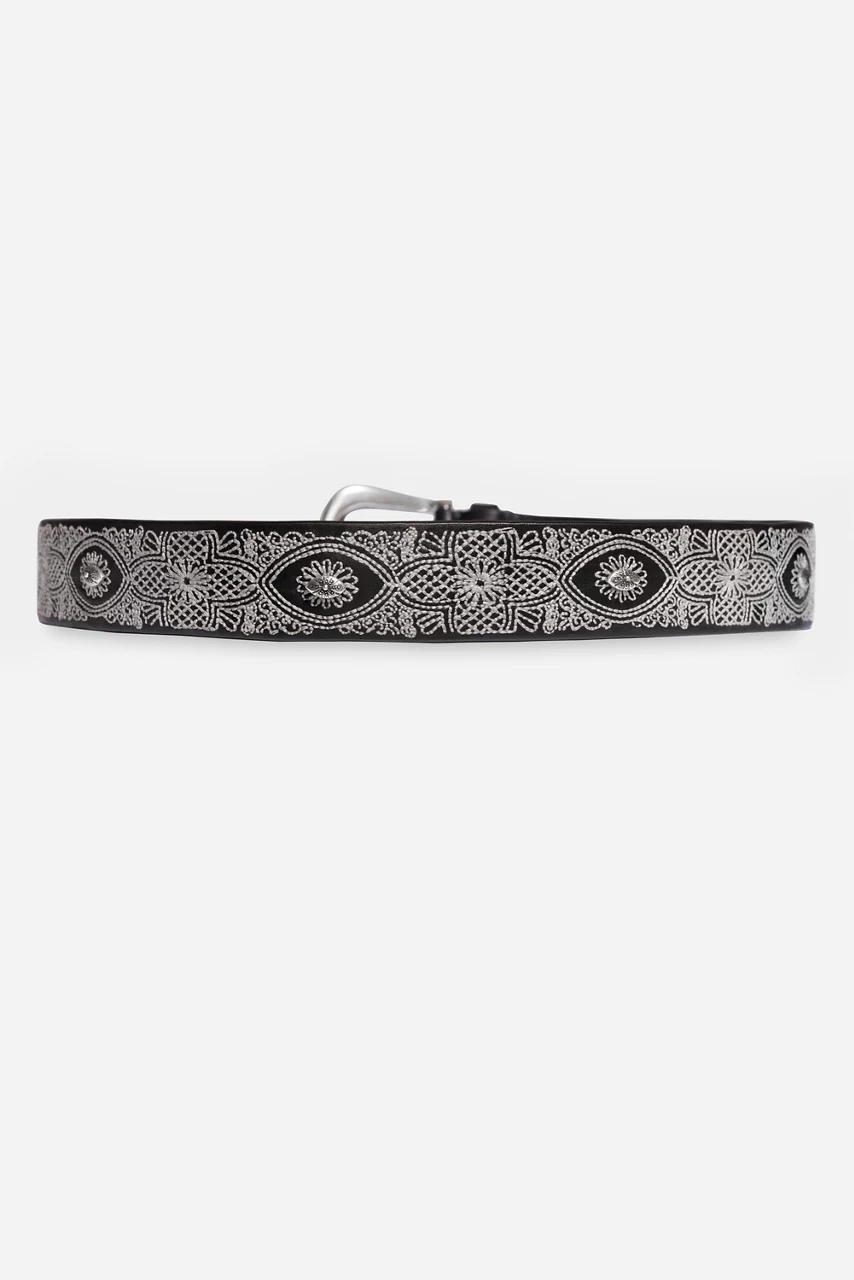 Johnny Was PIZZO EMBROIDERED ITALIAN LEATHER BELT Black