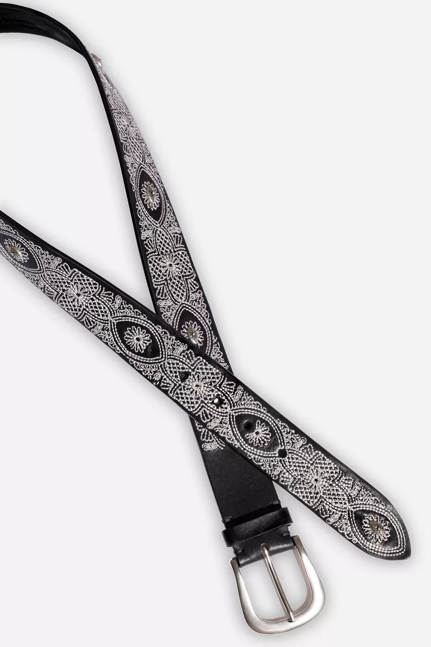 Johnny Was PIZZO EMBROIDERED ITALIAN LEATHER BELT Black