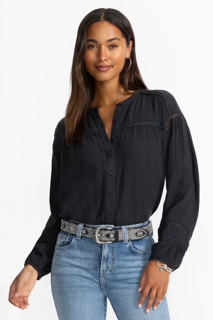 Johnny Was PIZZO EMBROIDERED ITALIAN LEATHER BELT Black