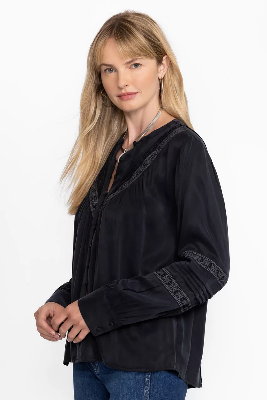 Johnny Was PLEATED BUTTON DOWN TOP WITH SHIRRING Black Beauty