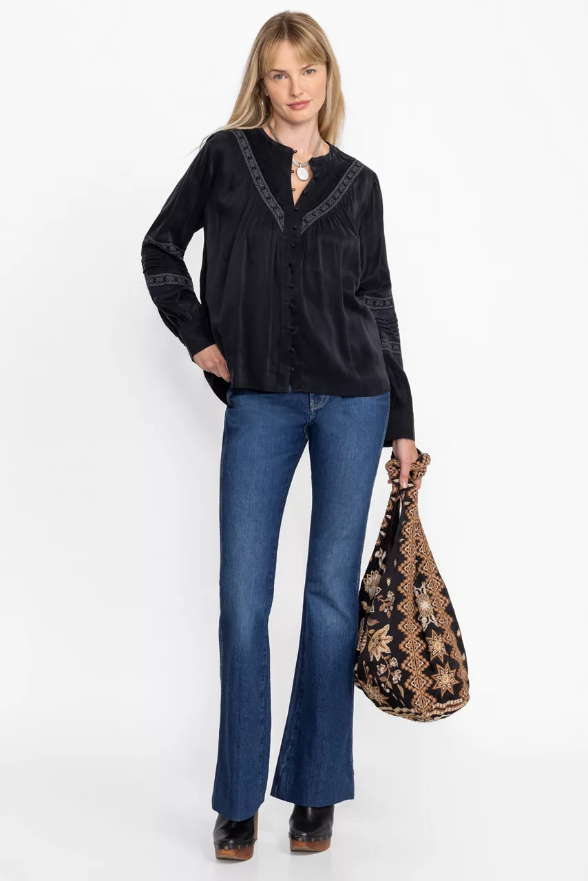 Johnny Was PLEATED BUTTON DOWN TOP WITH SHIRRING Black Beauty