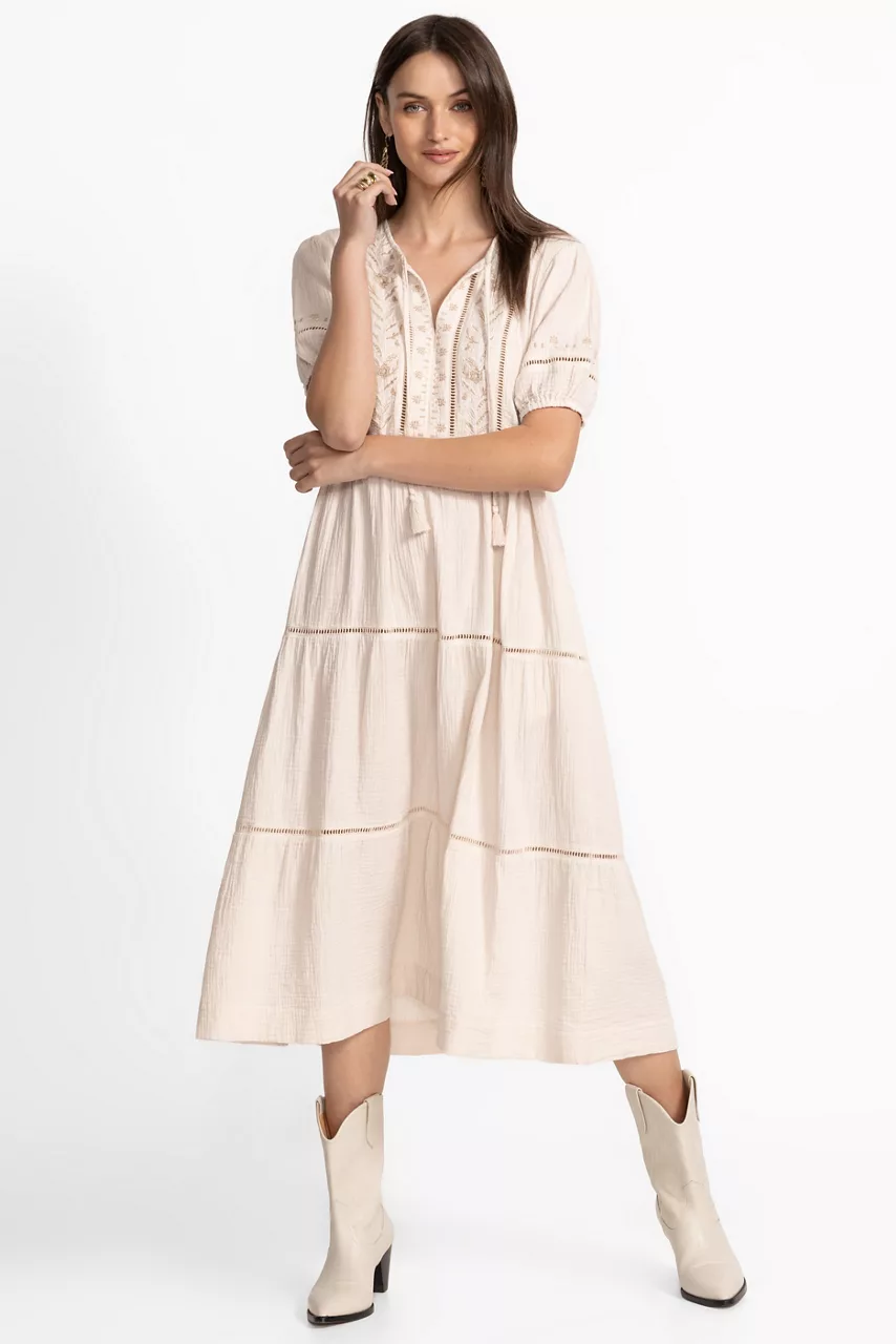 Johnny Was PUFF SLEEVE TIE NECK MIDI DRESS White Sand