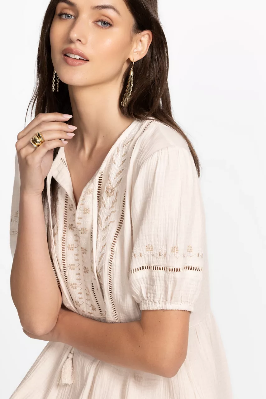 Johnny Was PUFF SLEEVE TIE NECK MIDI DRESS White Sand