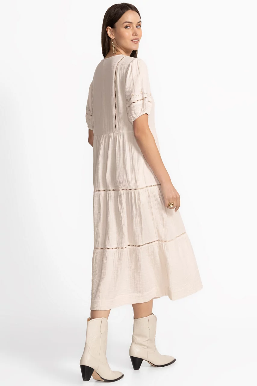 Johnny Was PUFF SLEEVE TIE NECK MIDI DRESS White Sand