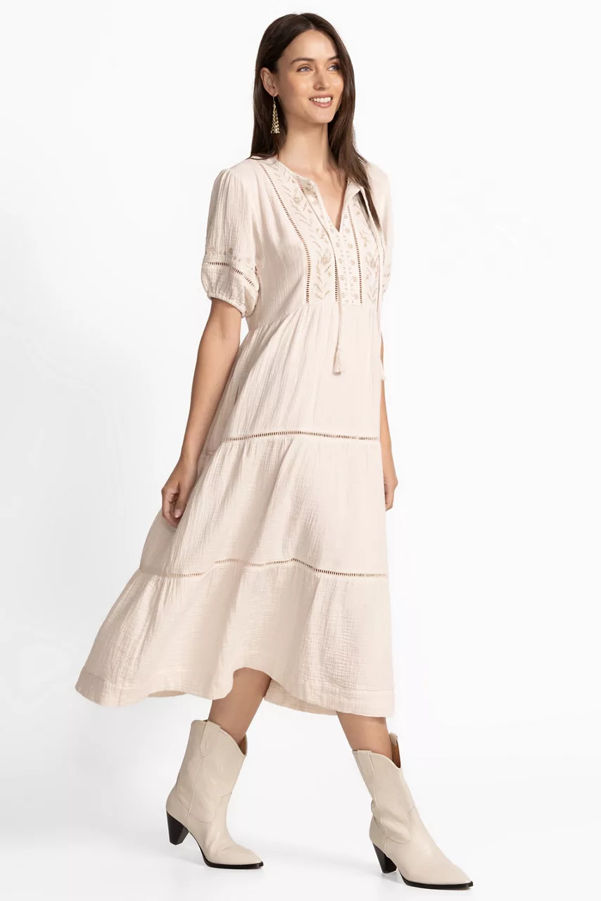 johnny was PUFF SLEEVE TIE NECK MIDI DRESS White Sand