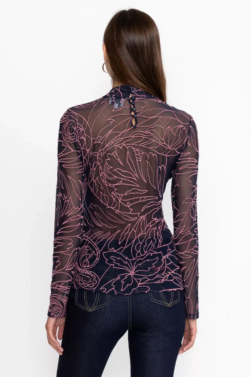 Johnny Was REBECCA MESH MOCK NECK LONG SLEEVE TEE Sapphire Blue