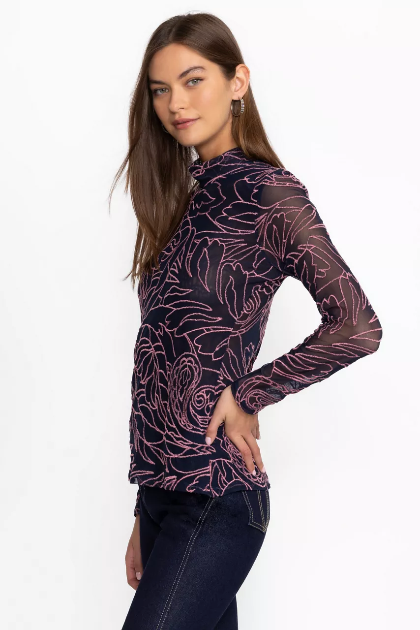 Johnny Was REBECCA MESH MOCK NECK LONG SLEEVE TEE Sapphire Blue