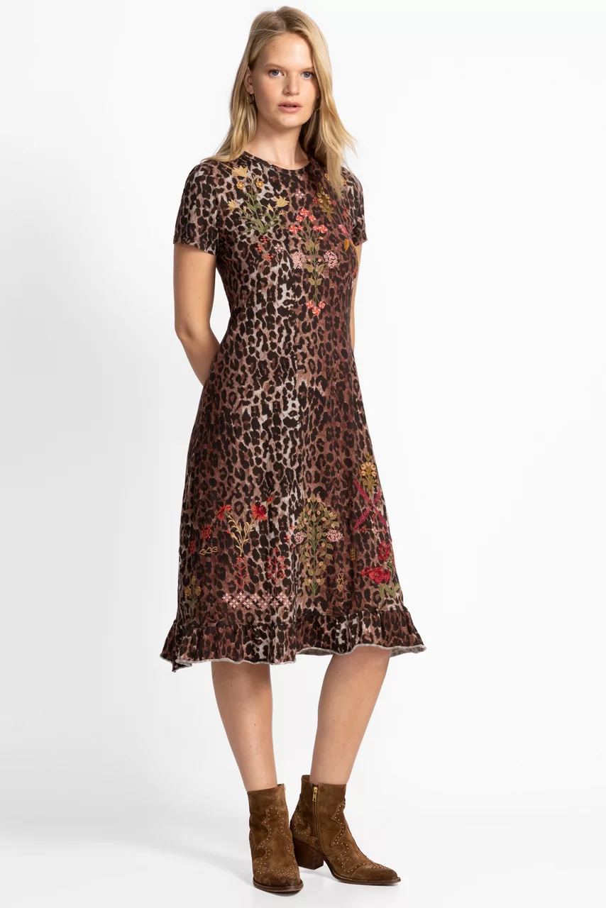 Johnny Was SHORT SLEEVE RUFFLE HEM DRESS Og Leopard