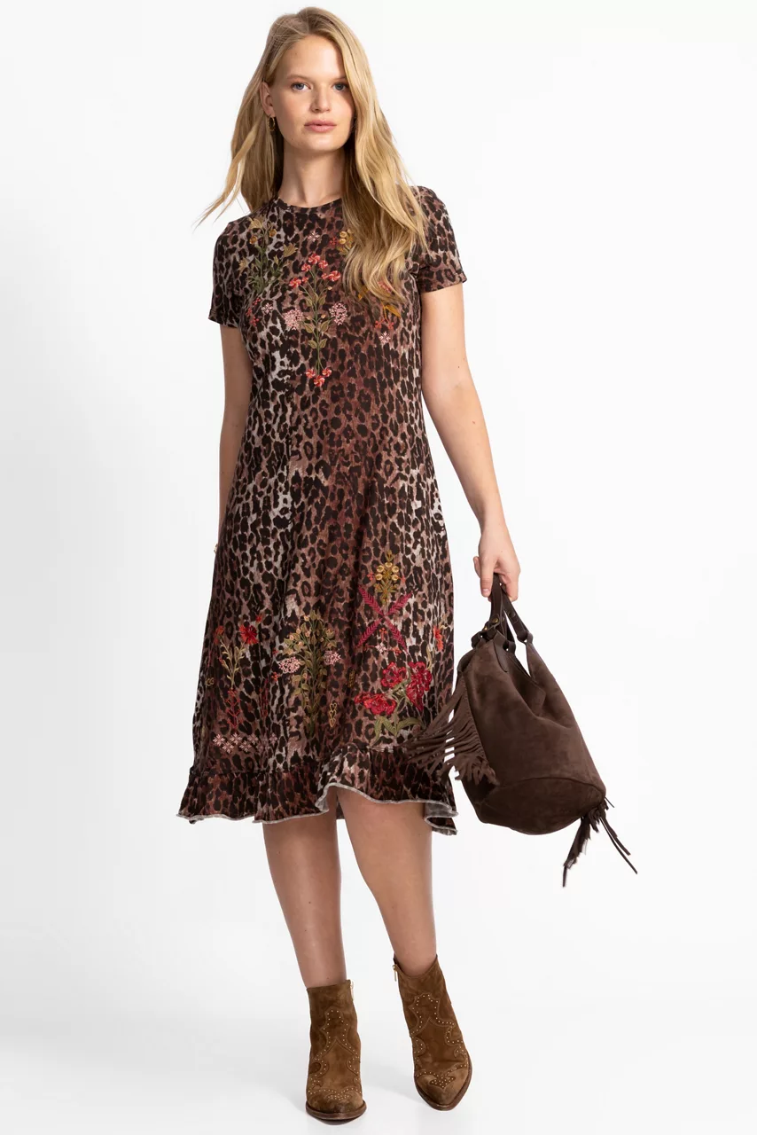 Johnny Was SHORT SLEEVE RUFFLE HEM DRESS Og Leopard