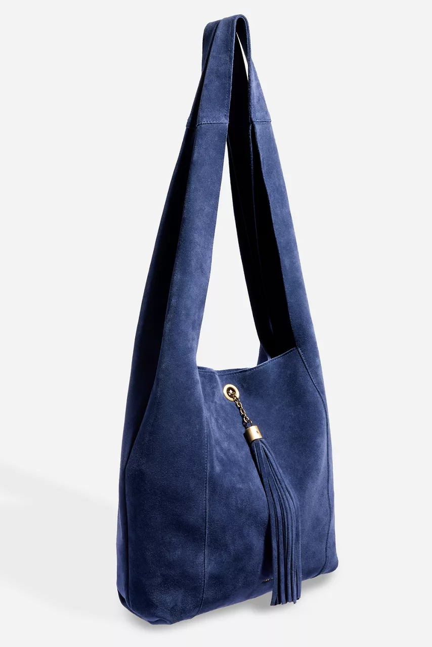 Johnny Was TASSEL CHAIN ITALIAN SUEDE HOBO BAG Blue Print