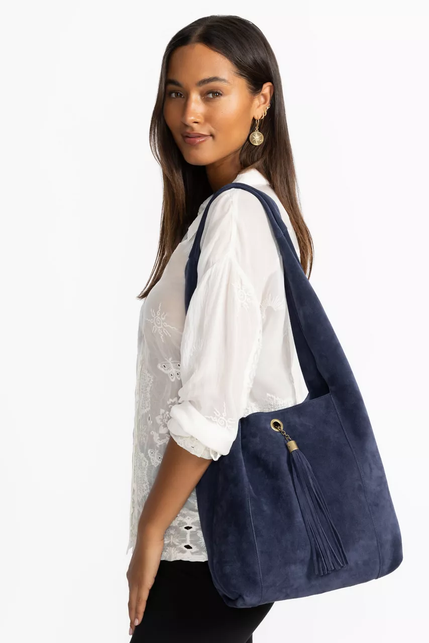 Johnny Was TASSEL CHAIN ITALIAN SUEDE HOBO BAG Blue Print