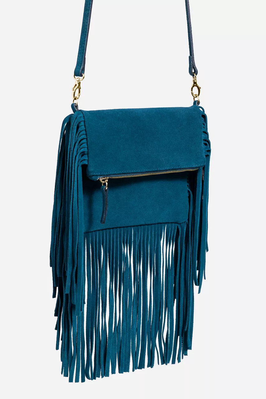 Johnny Was TEAL ITALIAN SUEDE FOLDOVER FRINGE CROSSBODY Deep Teal