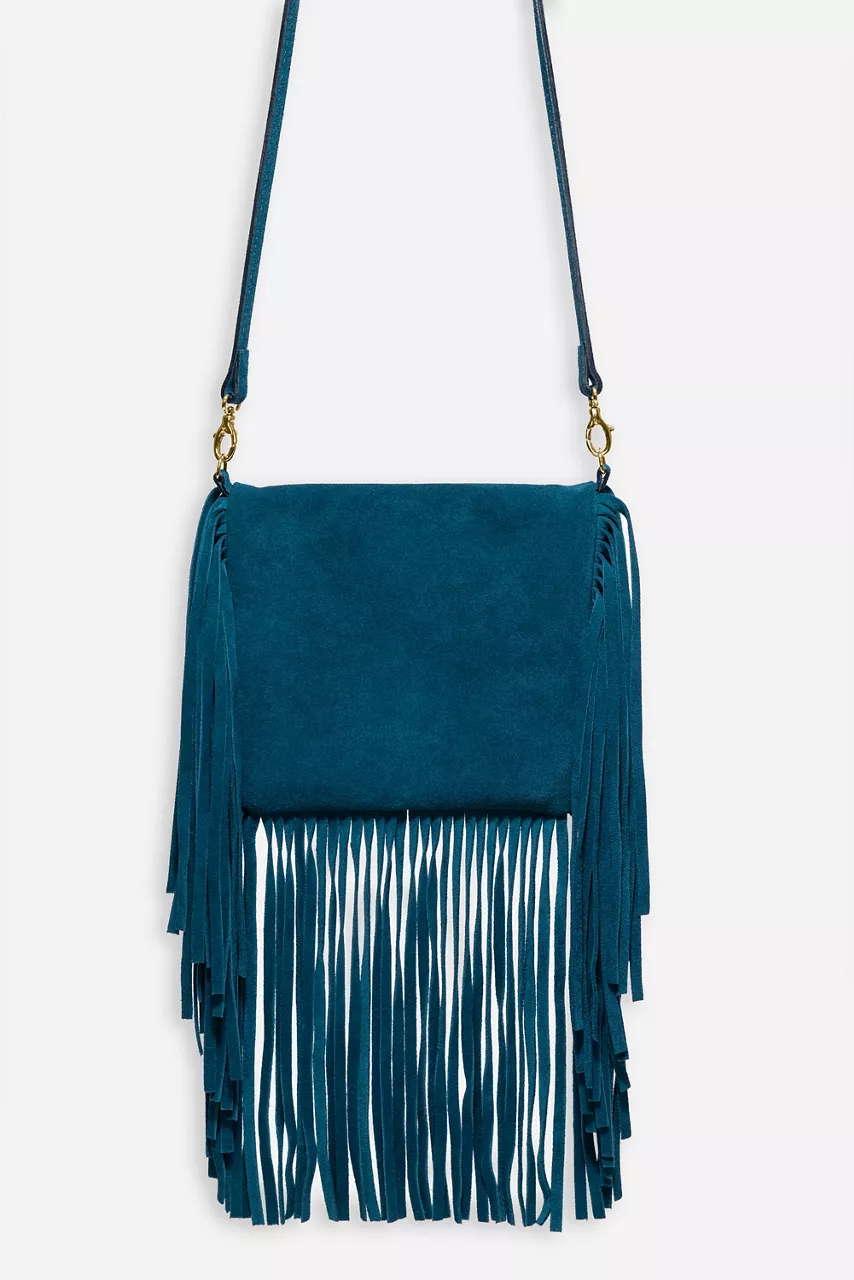 Johnny Was TEAL ITALIAN SUEDE FOLDOVER FRINGE CROSSBODY Deep Teal