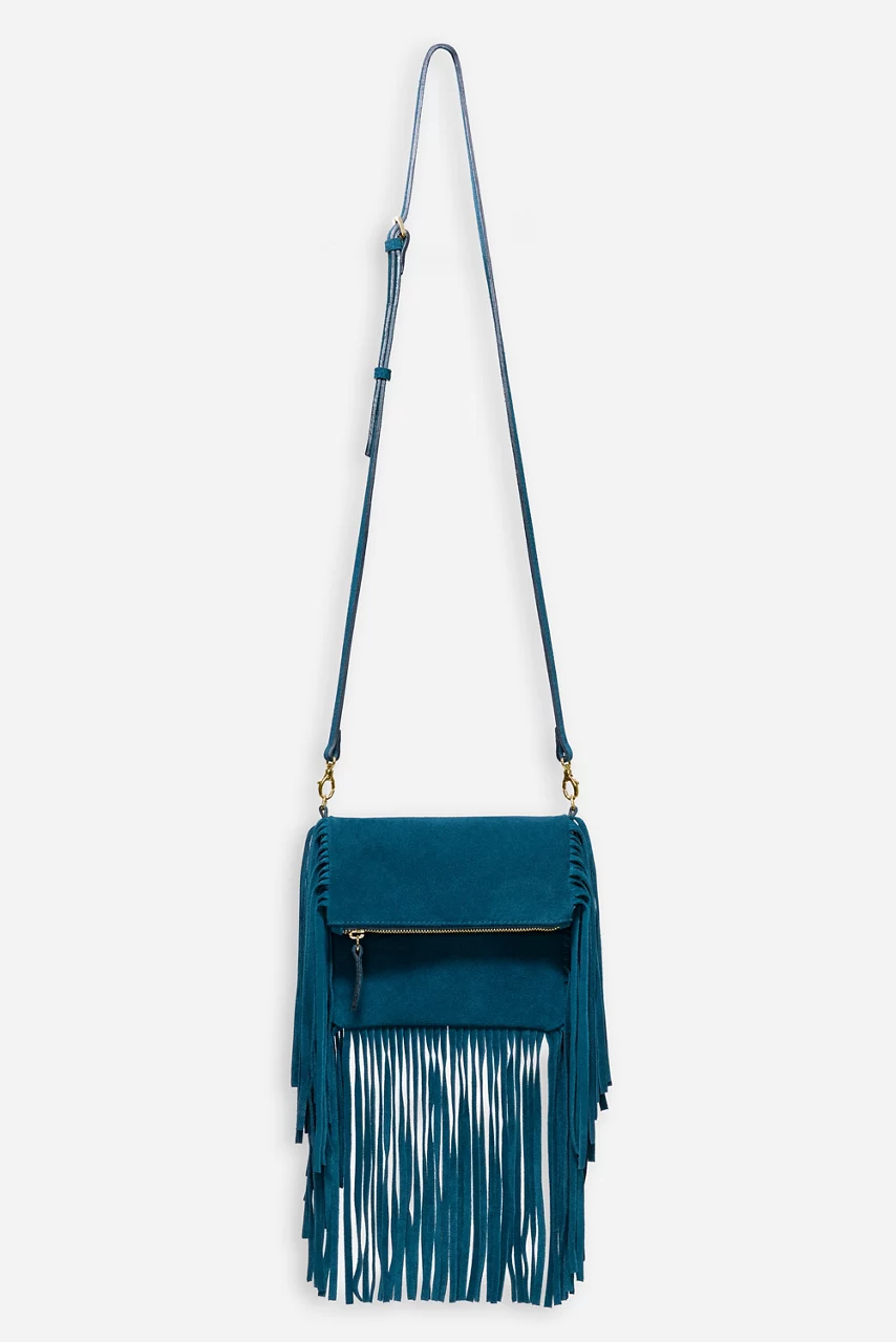Johnny Was TEAL ITALIAN SUEDE FOLDOVER FRINGE CROSSBODY Deep Teal