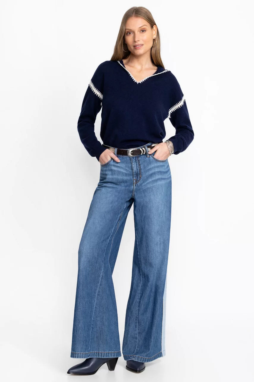 Johnny Was THE BLANKET STITCH WIDE LEG JEAN Medium Wash