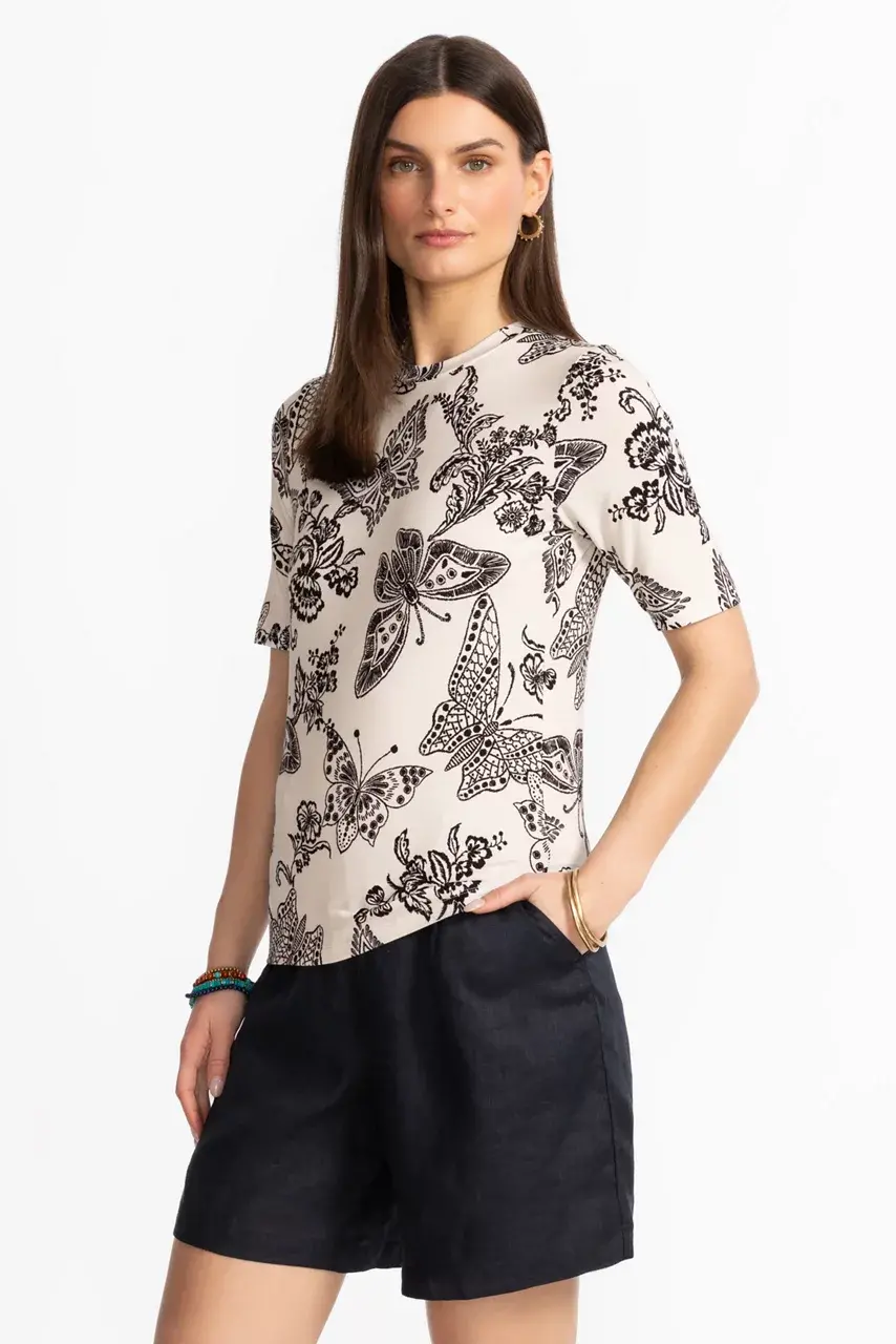 Johnny Was THE JANIE FAVORITE FITTED ELBOW SLEEVE TEE Sydnee-bw