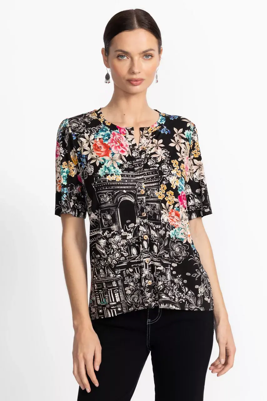 Johnny Was THE JANIE FAVORITE KIMONO SLEEVE MANDARIN TEE Lavilla Black