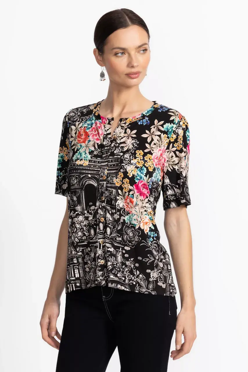Johnny Was THE JANIE FAVORITE KIMONO SLEEVE MANDARIN TEE Lavilla Black