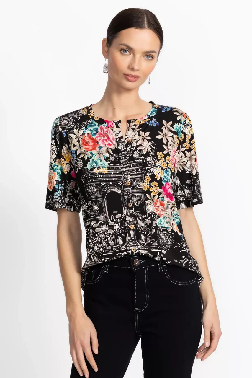 johnny was THE JANIE FAVORITE KIMONO SLEEVE MANDARIN TEE Lavilla Black