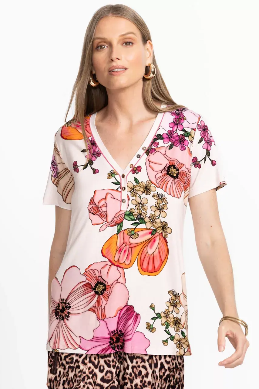 Johnny Was THE JANIE FAVORITE SHORT SLEEVE HENLEY TEE Rosabelia