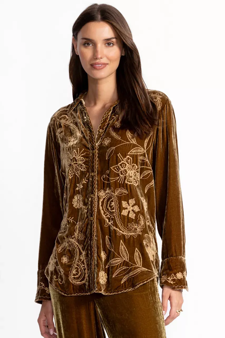 Johnny Was VELVET RELAXED SEAMED SHIRT Antique Gold