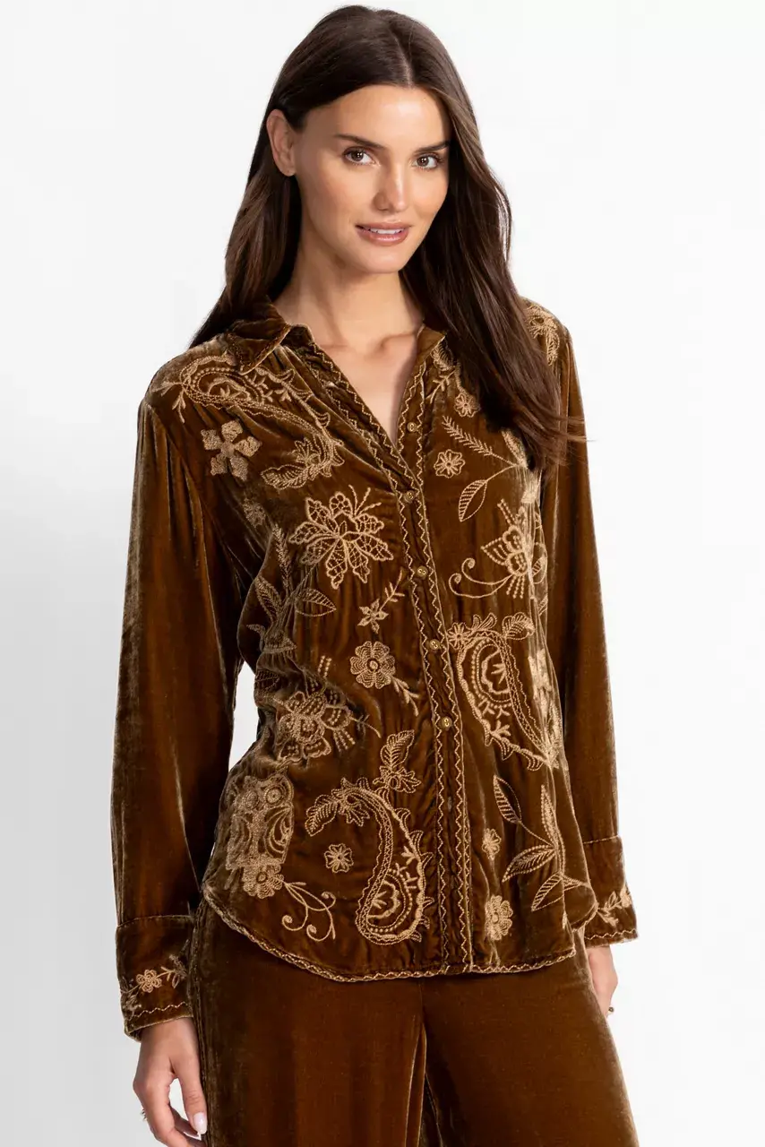 Johnny Was VELVET RELAXED SEAMED SHIRT Antique Gold