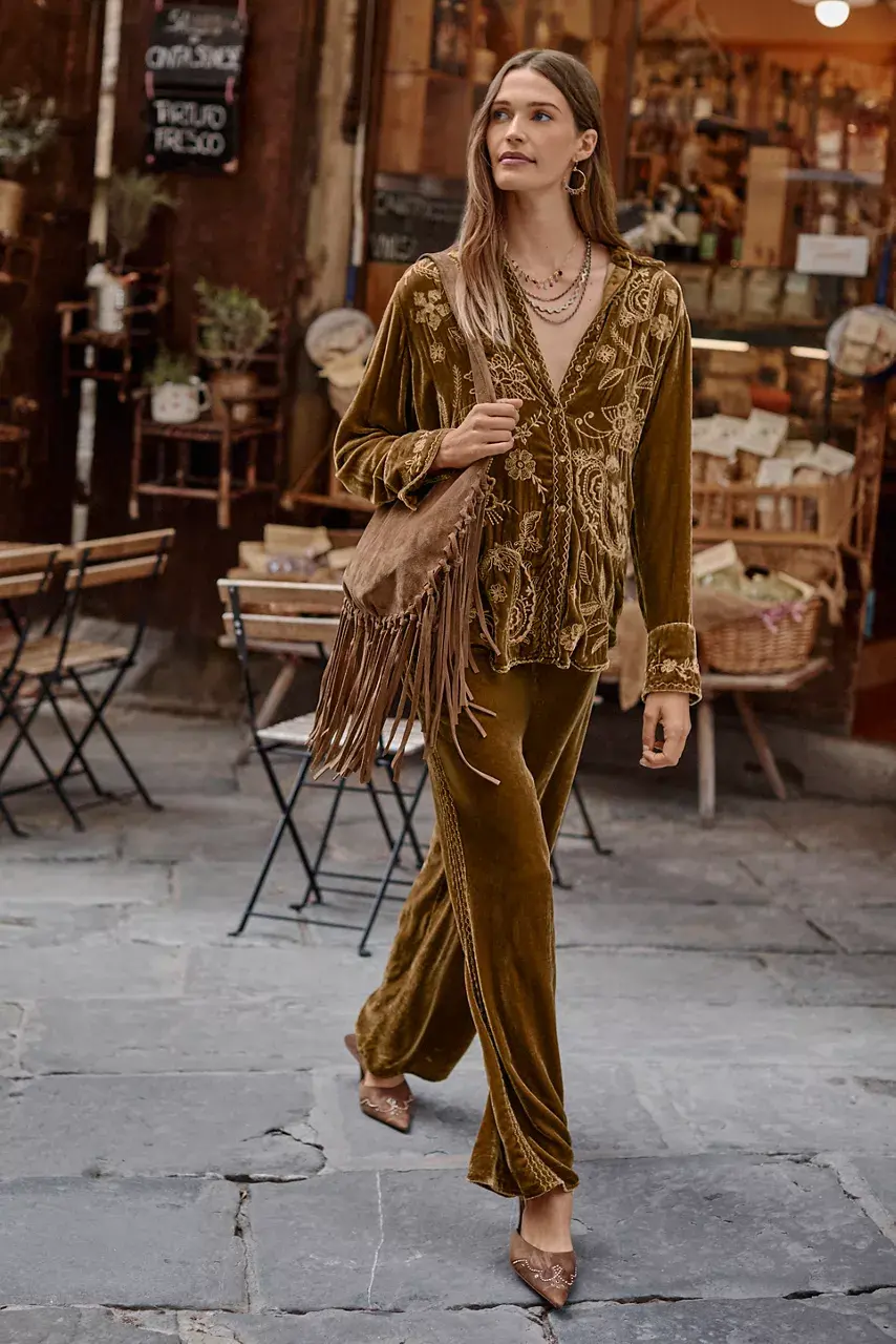 Johnny Was VELVET RELAXED SEAMED SHIRT Antique Gold