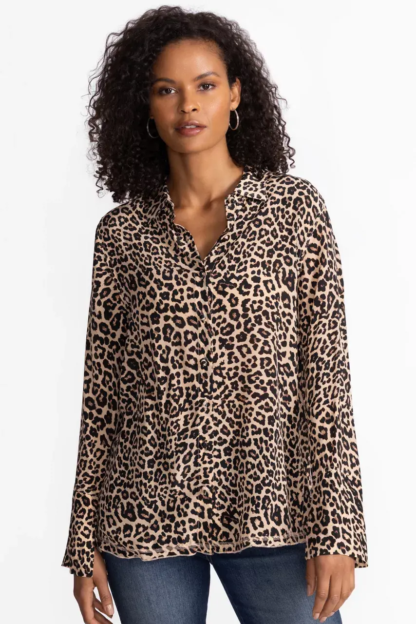 Johnny Was VINTAGE BUTTON DOWN SHIRT Chestnut Leopard