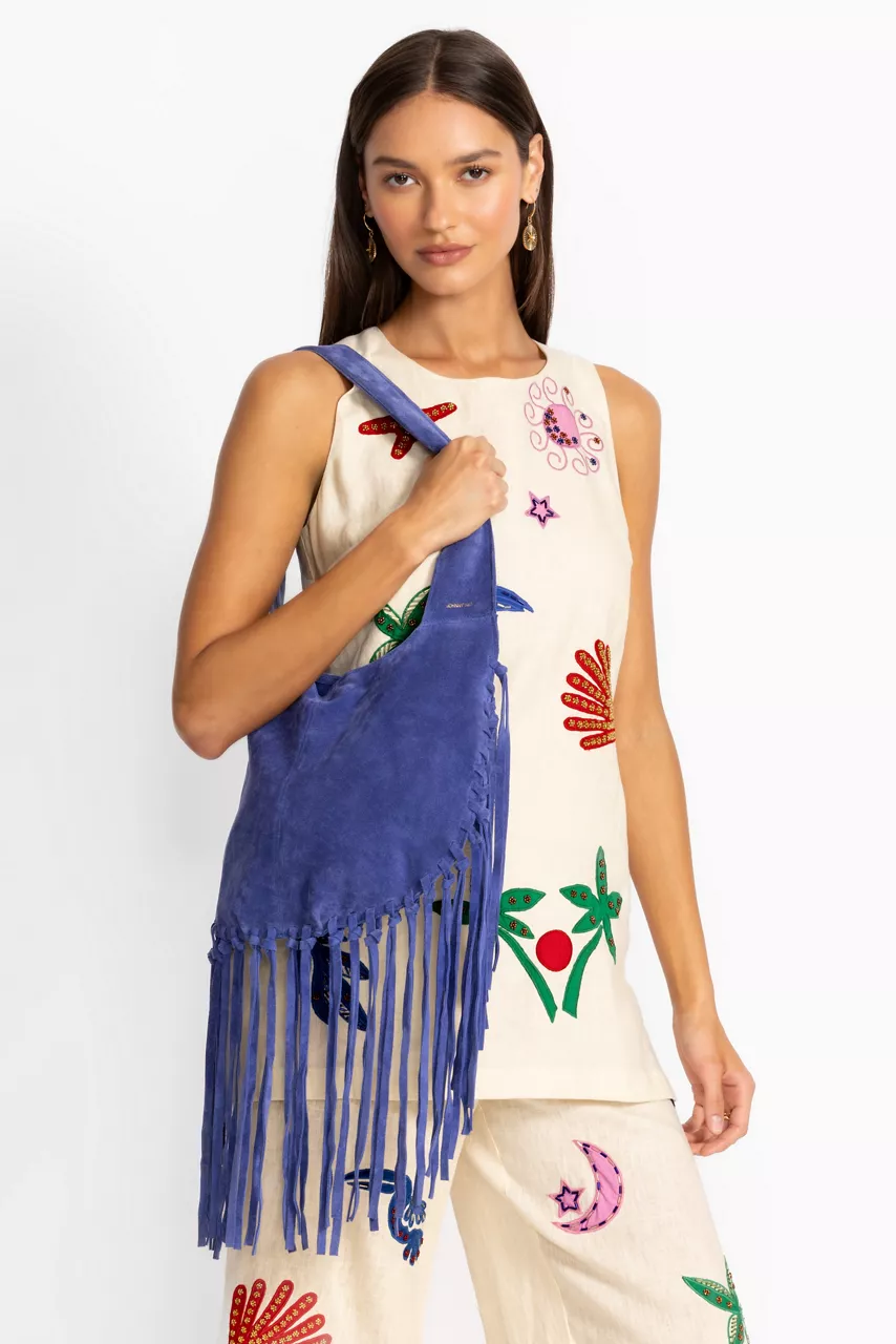 Johnny Was WESTERN ITALIAN SUEDE FRINGE BAG True Blue