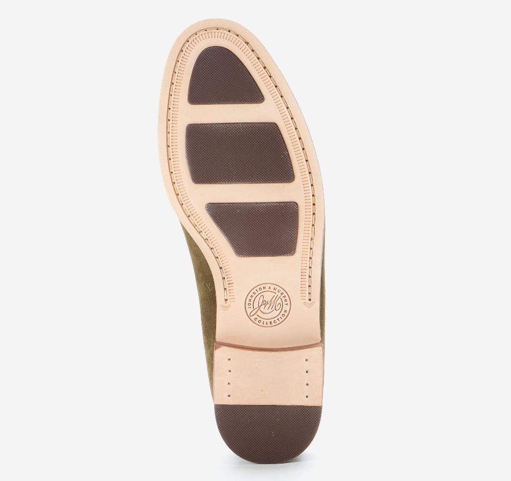 Johnston & Murphy Baldwin Penny Loafer Olive Waxed English Suede/Brown Full Grain Leather