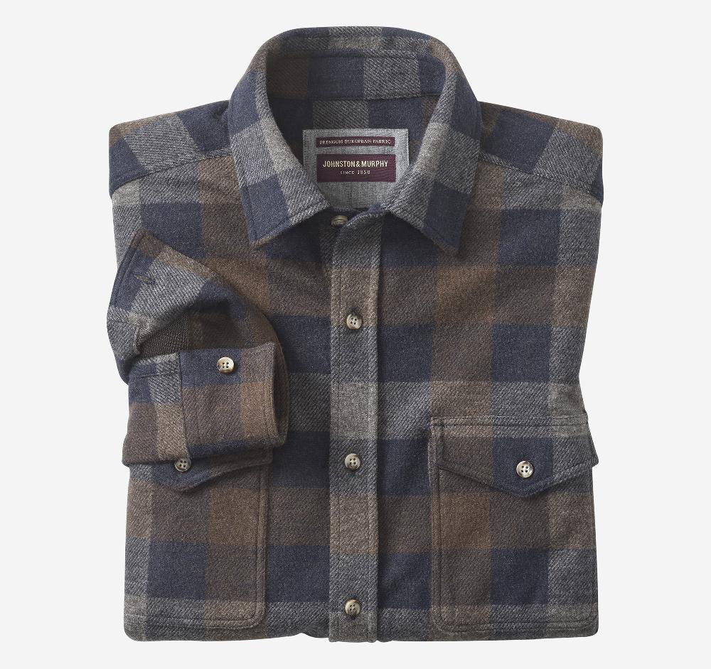Johnston & Murphy Brushed Button-Front Knit Shirt Navy/Brown Large Plaid