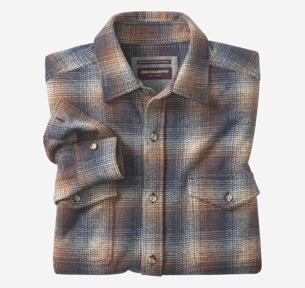 johnston & murphy Brushed Button-Front Knit Shirt Rust/Navy Variegated Plaid