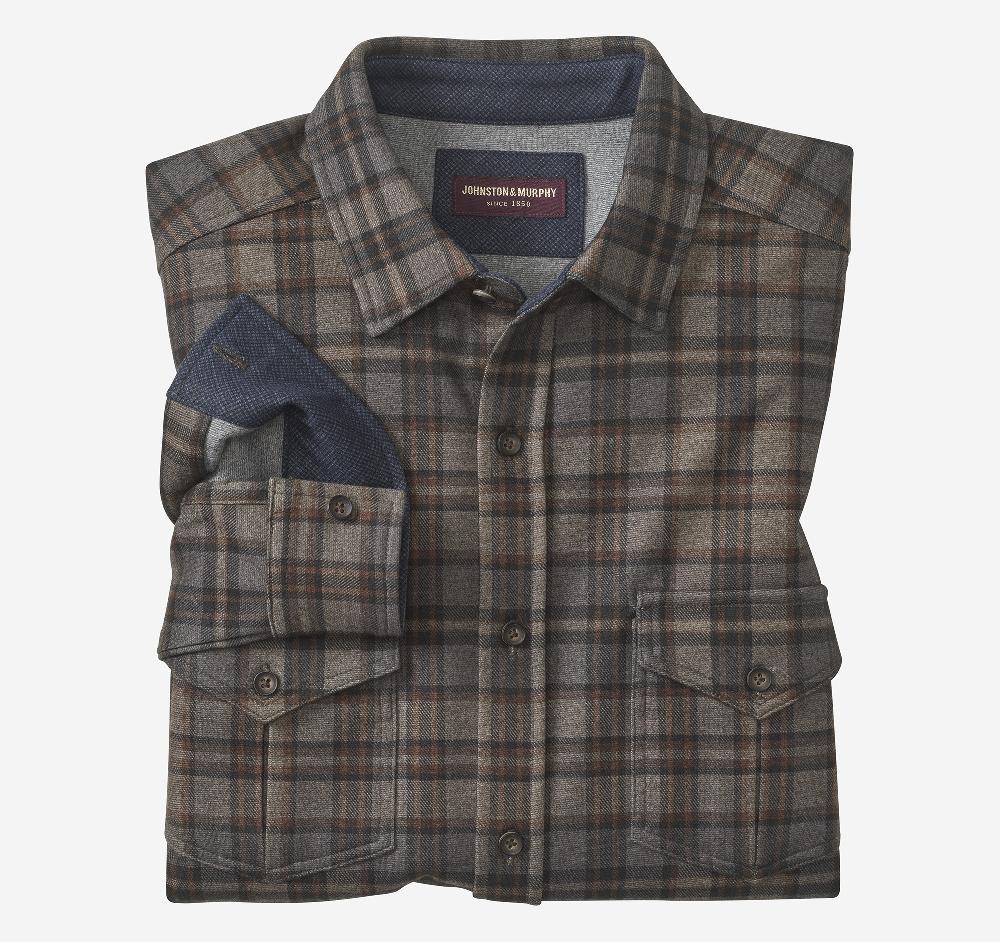 johnston & murphy Button-Front Knit Shirt Brown Plaid