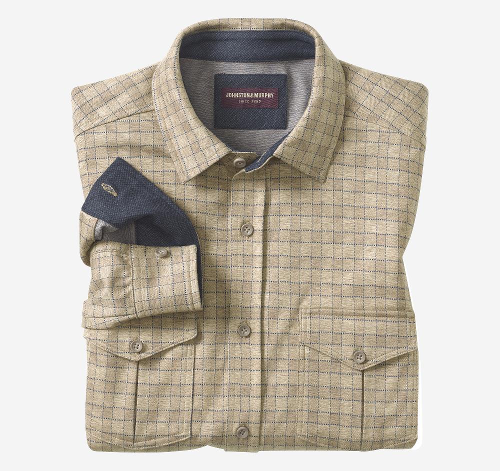 johnston & murphy Button-Front Knit Shirt Oatmeal Gingham