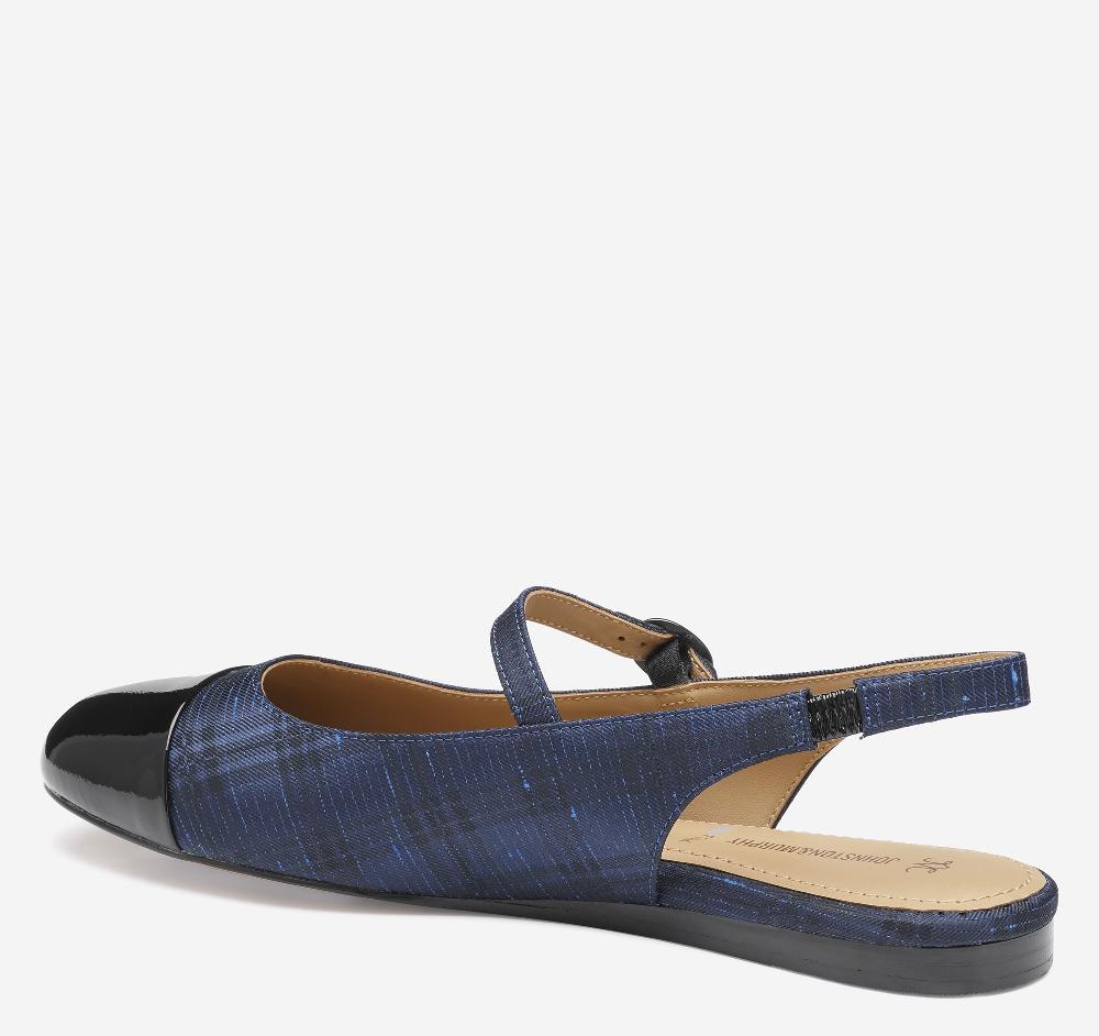 Johnston & Murphy Claire Mary Jane Slingback Navy Italian Plaid Fabric/Black Patent Leather