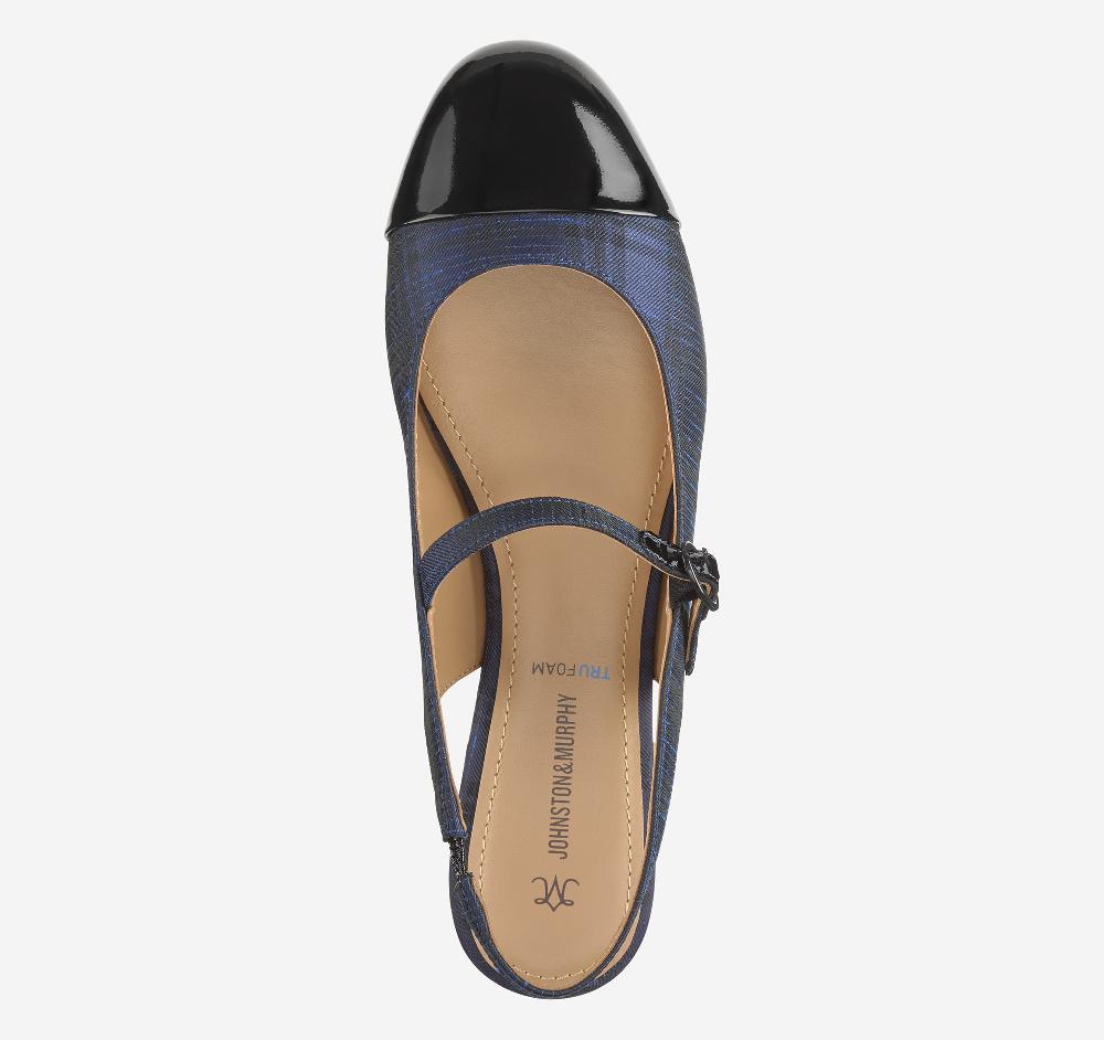 Johnston & Murphy Claire Mary Jane Slingback Navy Italian Plaid Fabric/Black Patent Leather