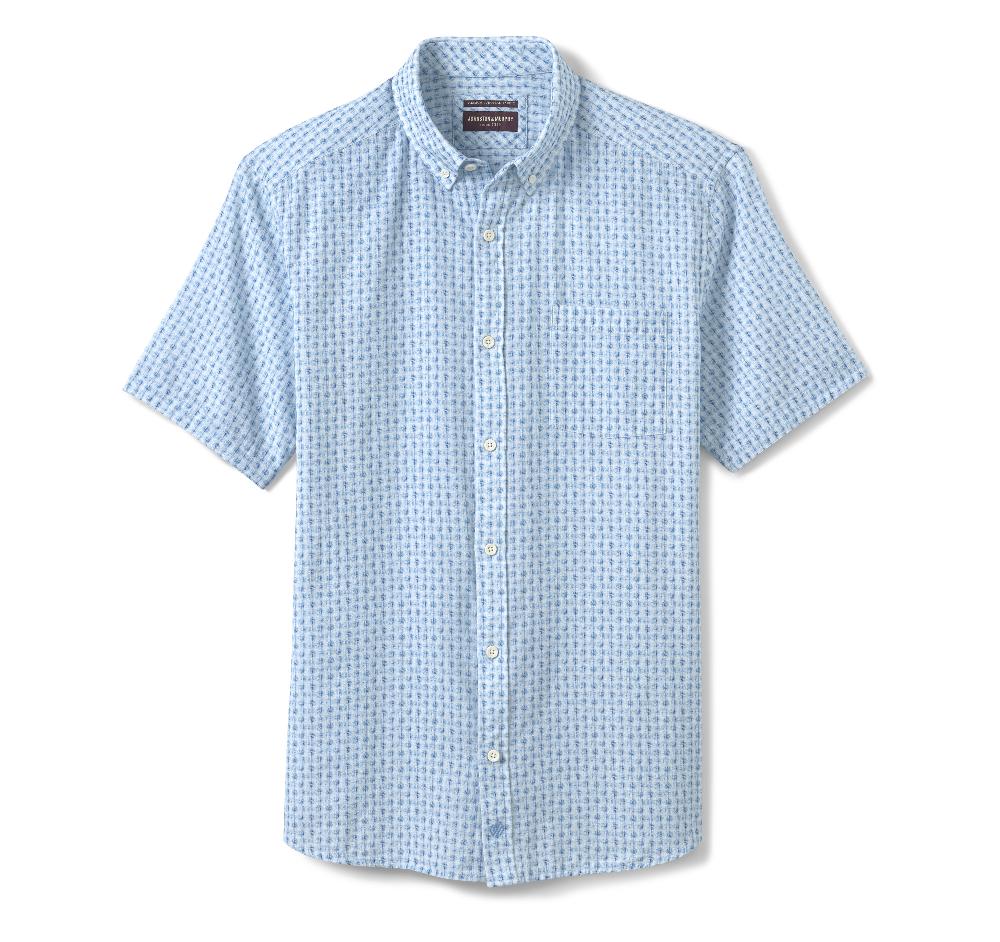 Johnston & Murphy Cotton-Linen Short-Sleeve Print Shirt Blue Illusion