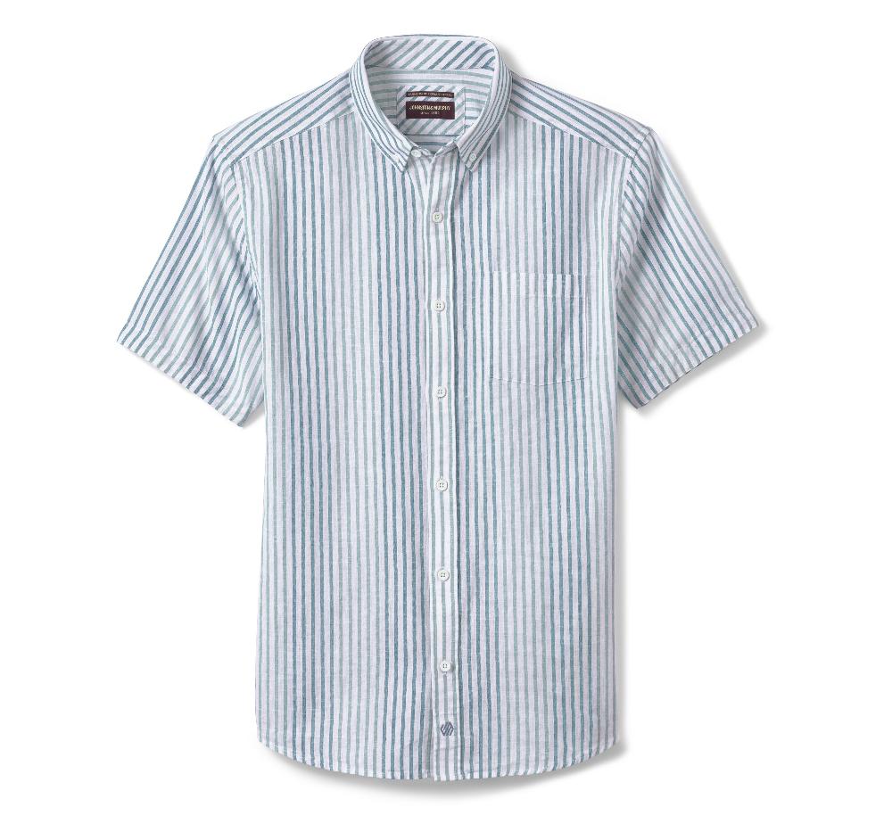 Johnston & Murphy Cotton-Linen Short-Sleeve Print Shirt Blue Striped