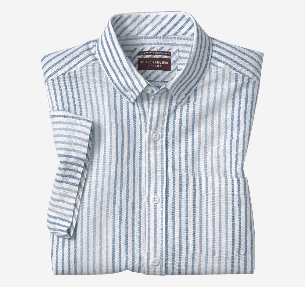 johnston & murphy Cotton-Linen Short-Sleeve Print Shirt Blue Striped