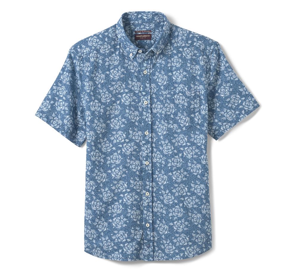 Johnston & Murphy Cotton-Linen Short-Sleeve Print Shirt Navy Rose