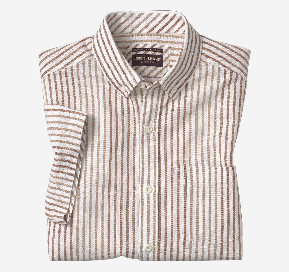 johnston & murphy Cotton-Linen Short-Sleeve Print Shirt Rust Striped