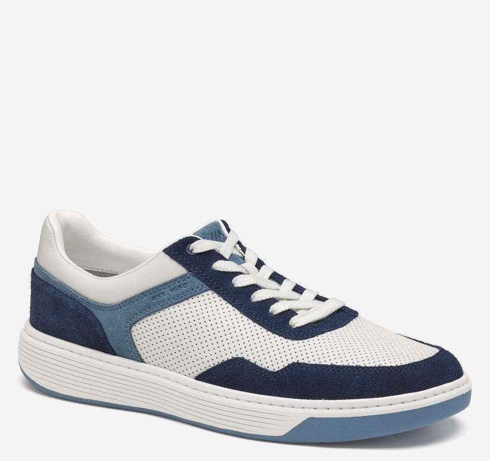johnston & murphy Dawson Moc Toe U-Throat White Full Grain Leather/Blue/Navy Suede