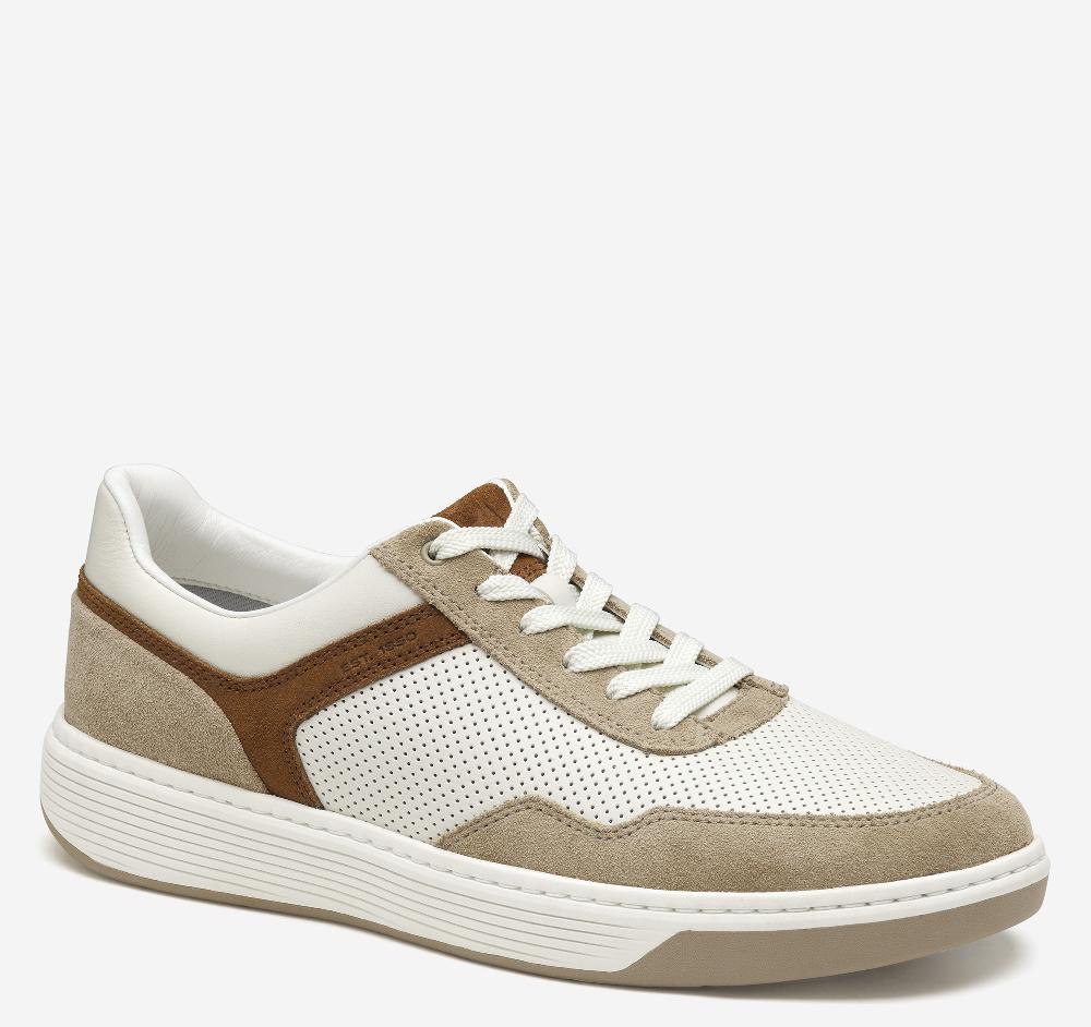 johnston & murphy Dawson Moc Toe U-Throat White Full Grain Leather/Taupe Suede