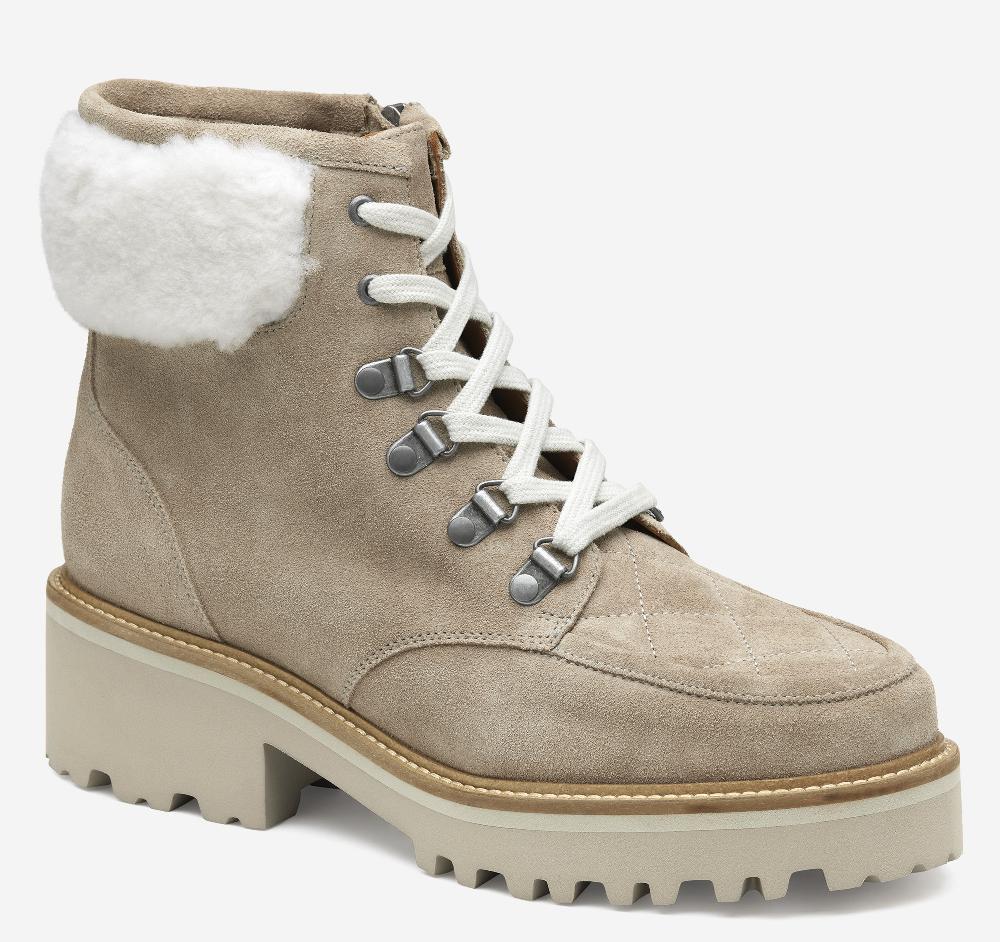 johnston & murphy Emmalynn Quilted Hiker Boot Taupe Suede/Shearling