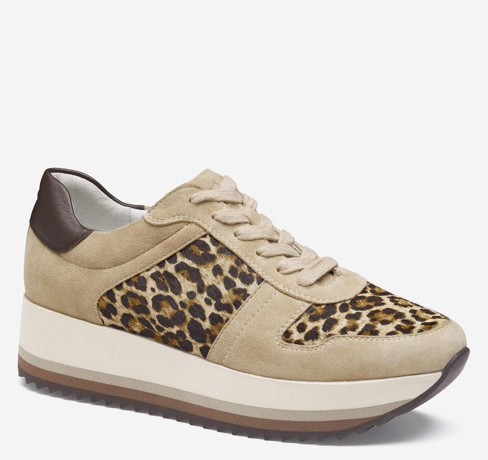 johnston & murphy Gracie Colorblock Lace-Up Sand Kid Suede/Leopard Haircalf