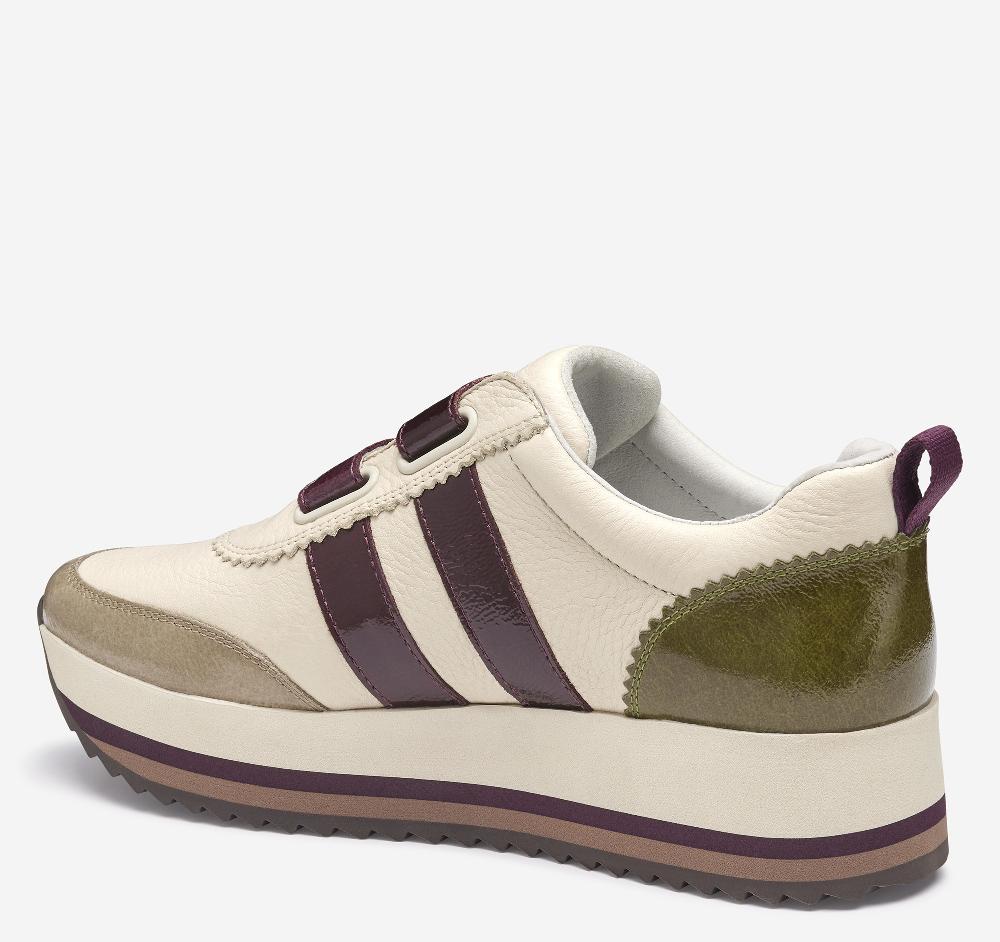 Johnston & Murphy Gracie Double-Strap Sneaker Bone Calfskin/Taupe And Olive Italian Crinkled Patent Leather