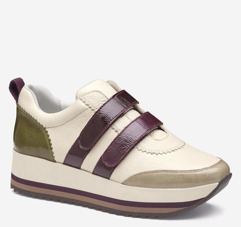 johnston & murphy Gracie Double-Strap Sneaker Bone Calfskin/Taupe and Olive Italian Crinkled Patent Leather