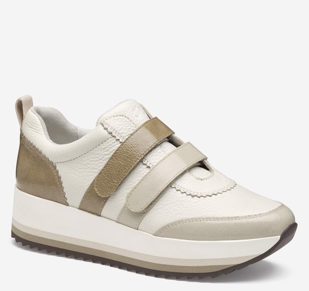 johnston & murphy Gracie Double-Strap Sneaker White Calfskin/Ivory and Taupe Italian Crinkled Patent Leather